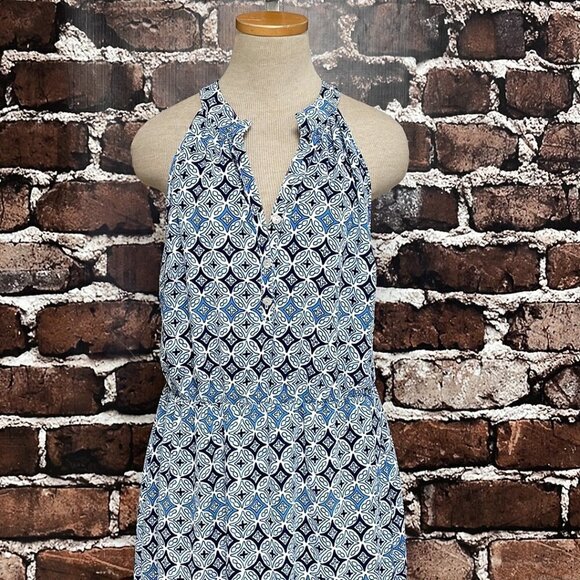 Mud Pie Blouson Dress NWT Buttons Midi Sleeveless Geometric Blue Size Large L - Picture 7 of 16